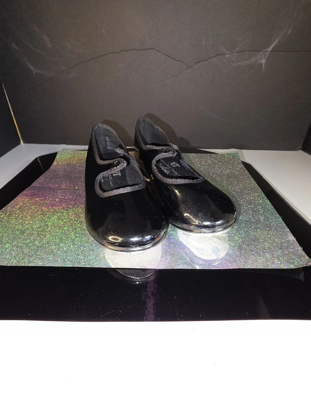 ABT American Ballet Theater Spotlights Black Patent Tap Jazz Shoes Sz 8.5 Flaw**